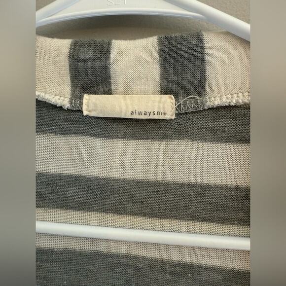 Alwaysme Open Front Cardigan Grey White Striped Elbow Pads Casual Layering - Picture 2 of 8